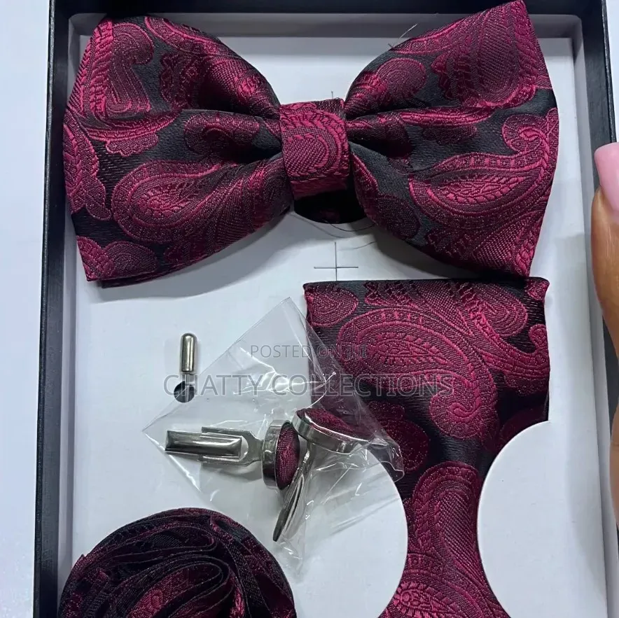 4 in 1 Burgundy Executive Bow Tie Set With Tie, Lapel and Cufflinks