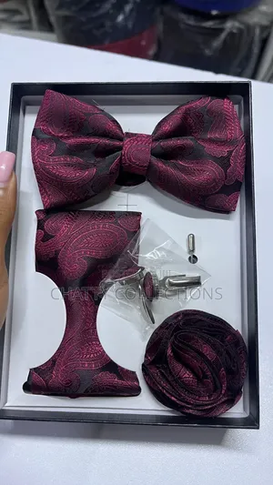 4 in 1 Burgundy Executive Bow Tie Set With Tie, Lapel and Cufflinks