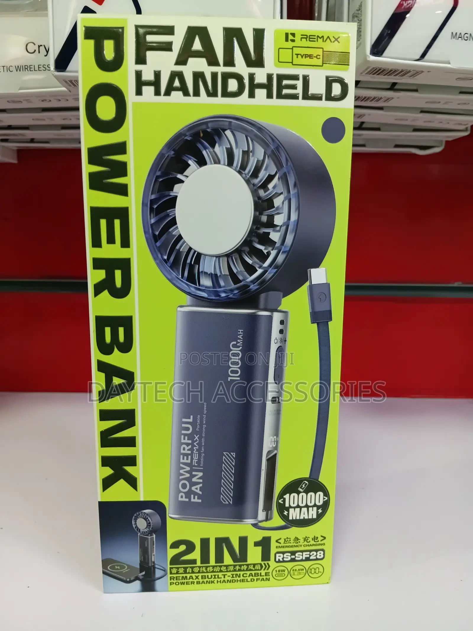The Remax RS-SF28 2-in-1 Handheld Fan and Power Bank.