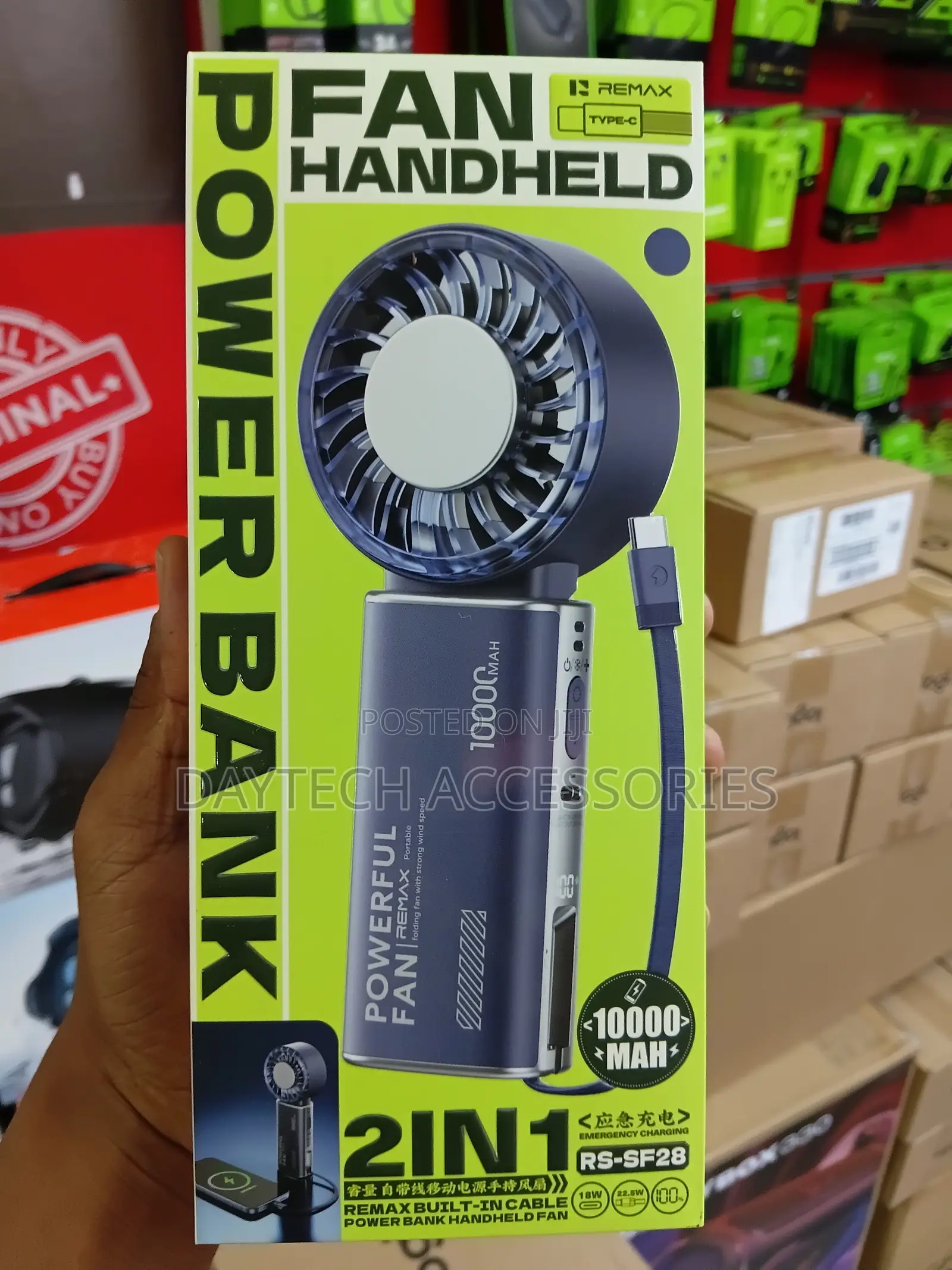 The Remax RS-SF28 2-in-1 Handheld Fan and Power Bank.