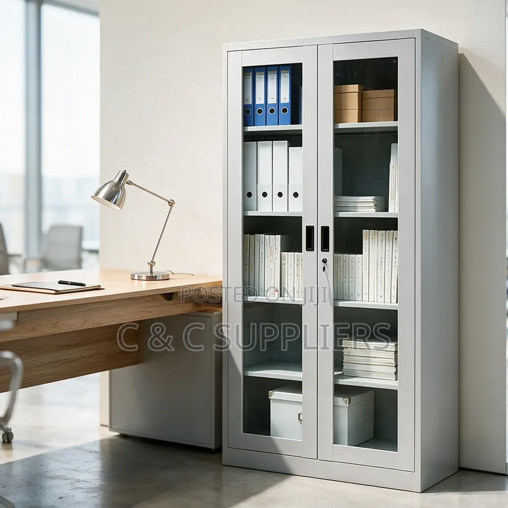 2-Swing Door Full Glass Home Office Cabinet.
