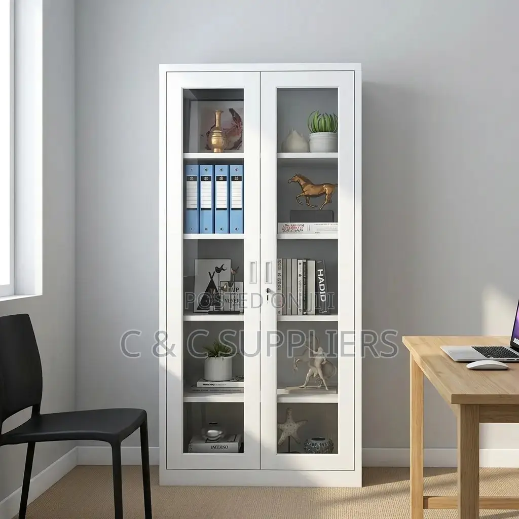 2-Swing Door Full Glass Home Office Cabinet.