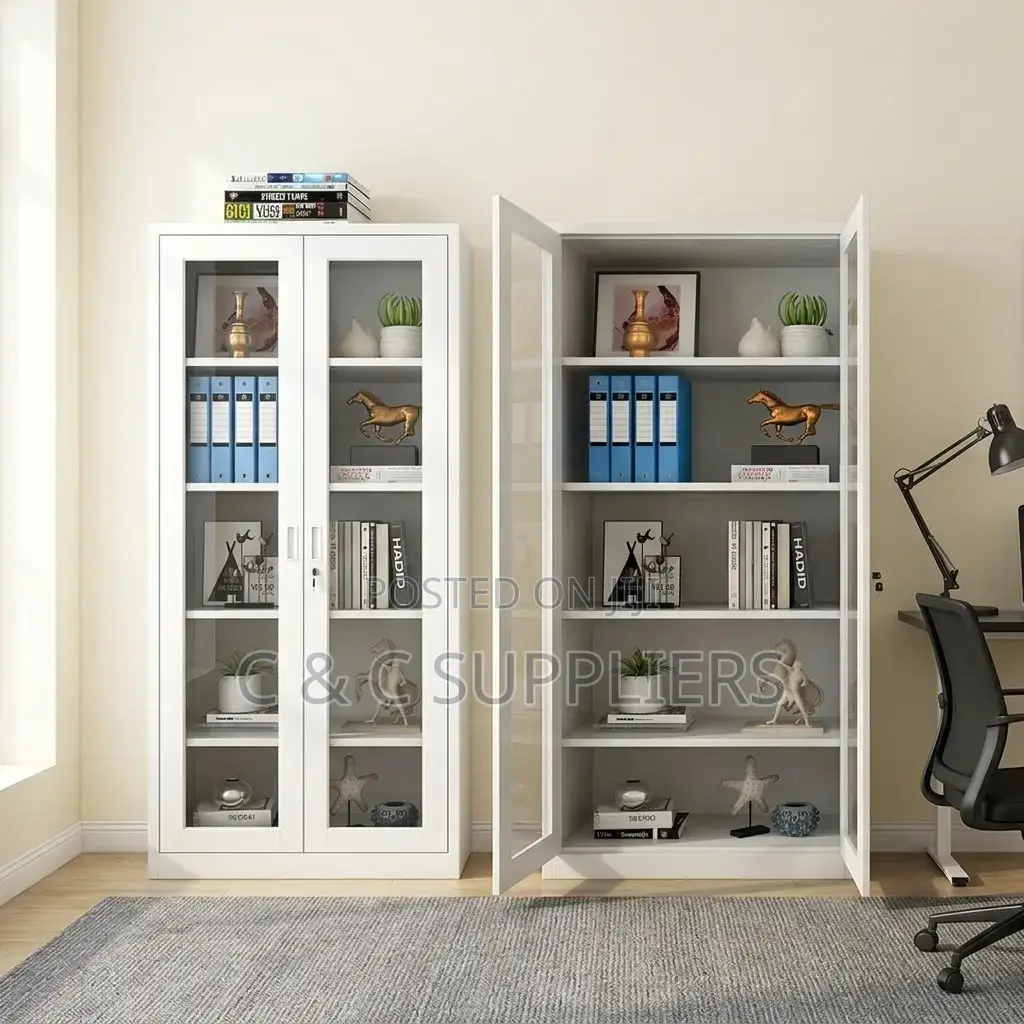 2-Swing Door Full Glass Home Office Cabinet.