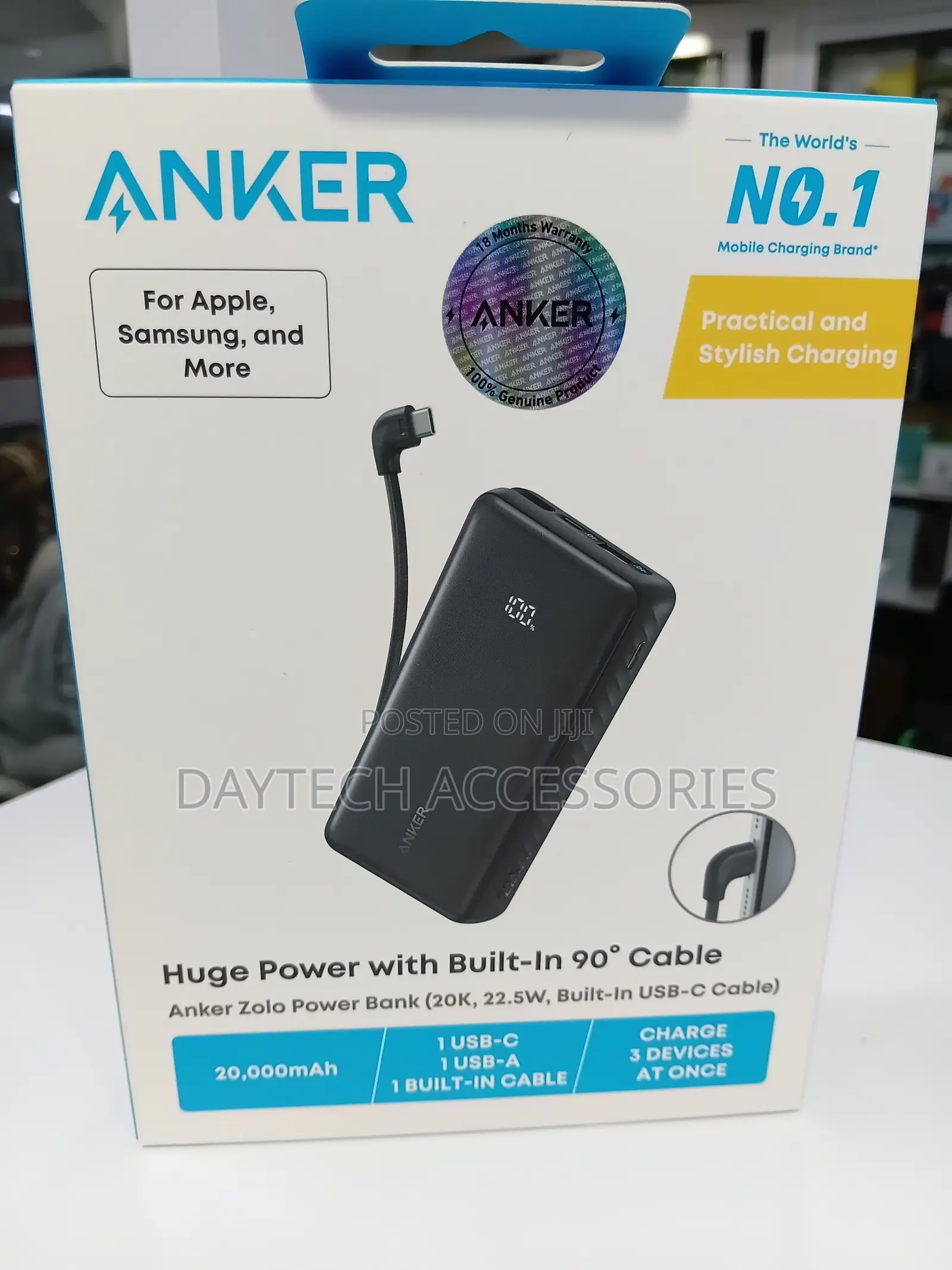 Anker Zolo Power Bank (20,000mAh, 22.5W) With Built-in 90° USB-C Cable