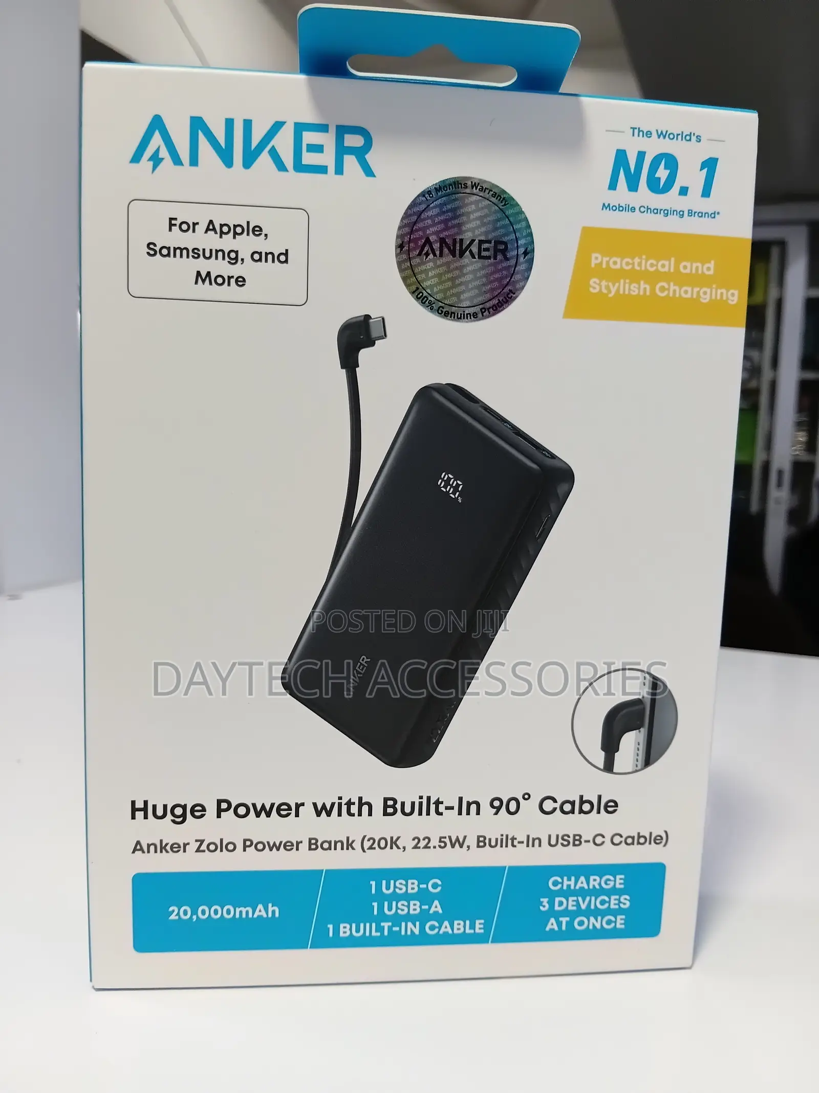 Anker Zolo Power Bank 20000mAh Built-in USB-C Cable 90' - Black
