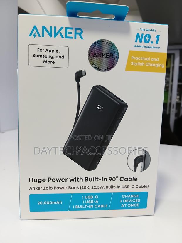 Anker Zolo Power Bank 20000mAh Built-in USB-C Cable 90' - Black - main view