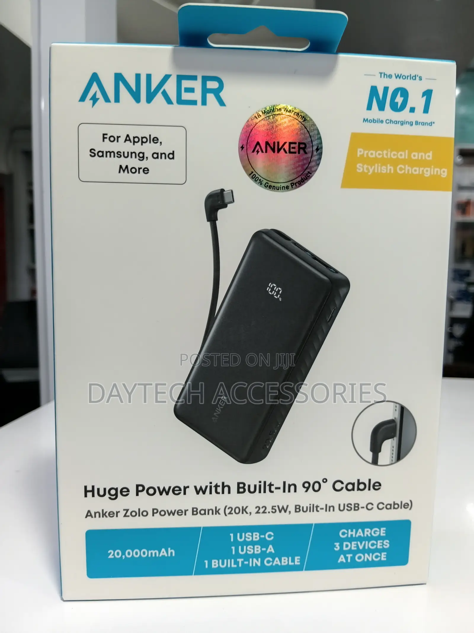 Anker Zolo Power Bank 20000mAh Built-in USB-C Cable 90' - Black