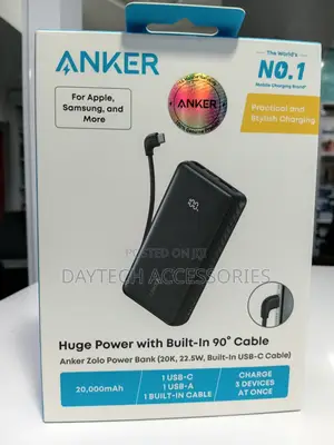 Anker Zolo Power Bank 20000mAh Built-in USB-C Cable 90' - Black