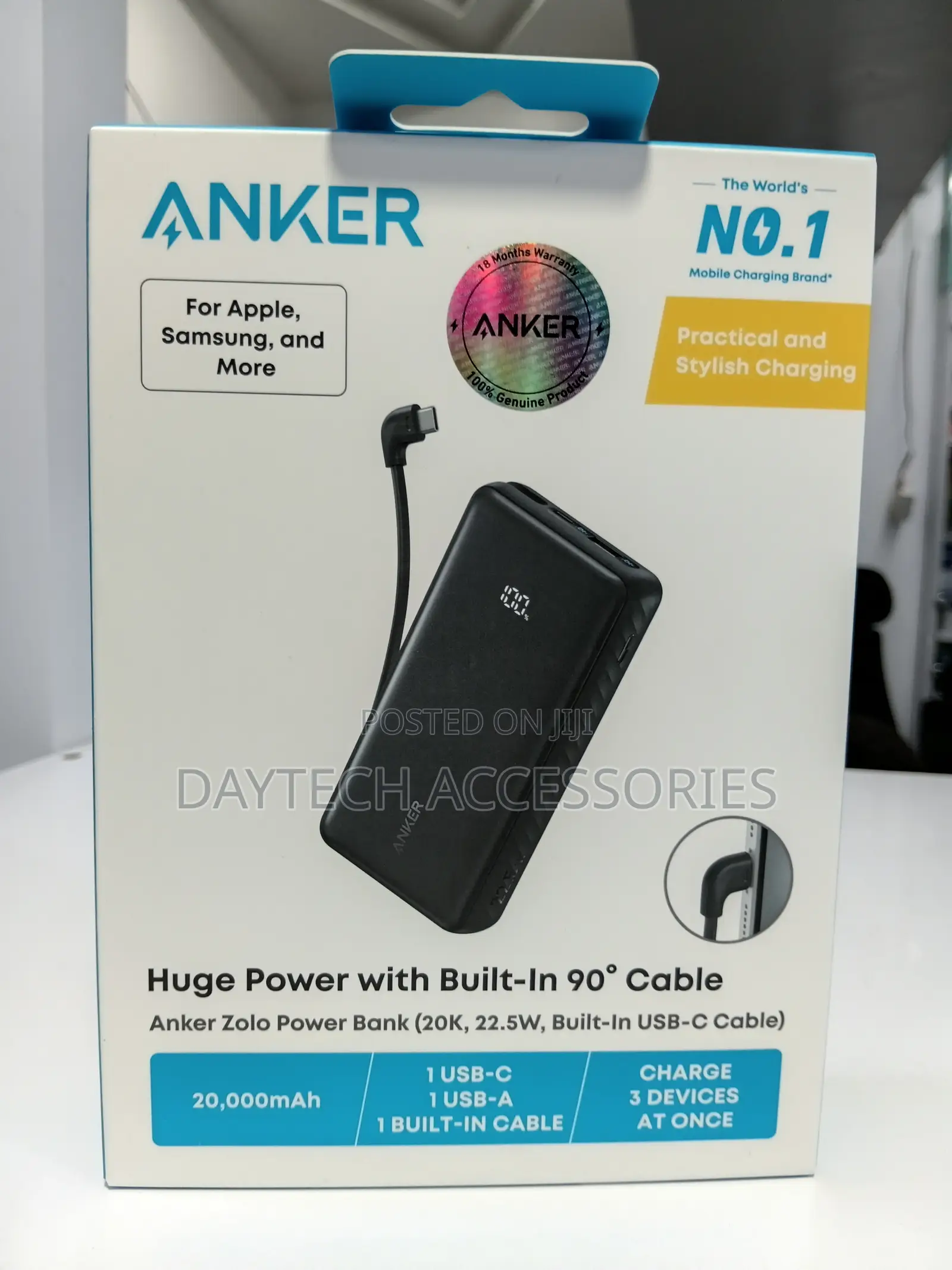 Anker Zolo Power Bank 20000mAh Built-in USB-C Cable 90' - Black