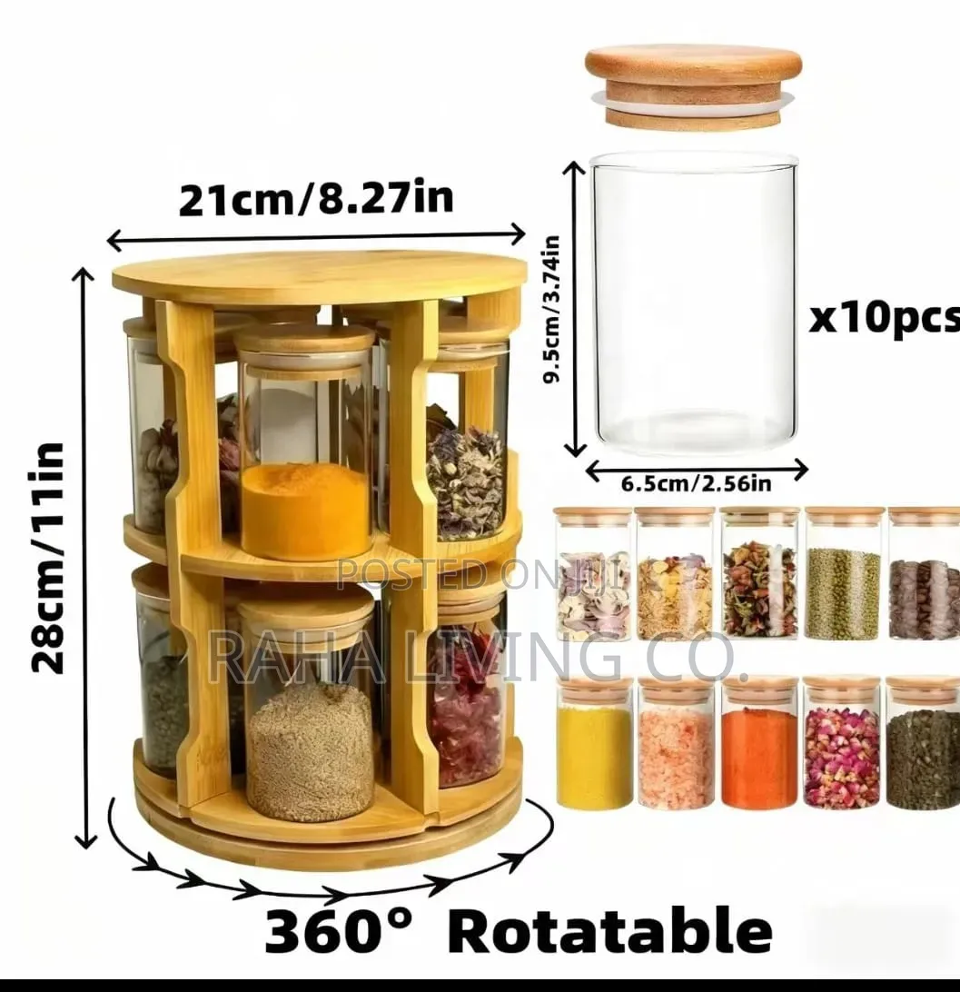 10-Piece 360° Rotating Bamboo Spice Jar Set | 300ml Spice Rack