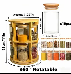 10-Piece 360° Rotating Bamboo Spice Jar Set | 300ml Spice Rack