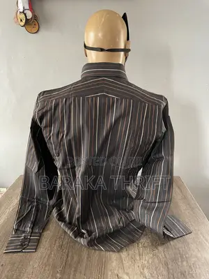 Men's Striped Long-Sleeve Shirt (Size M / 50) - Dark Brown & Copper