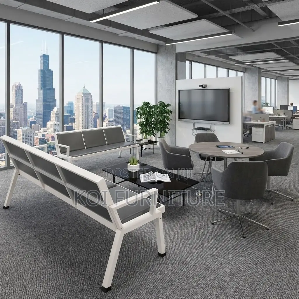 Office Benches; Blue Three Seaters Upholstered Reception Benches