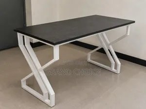 Modern Executive Office Desk With  Black Top and White Metal Frame