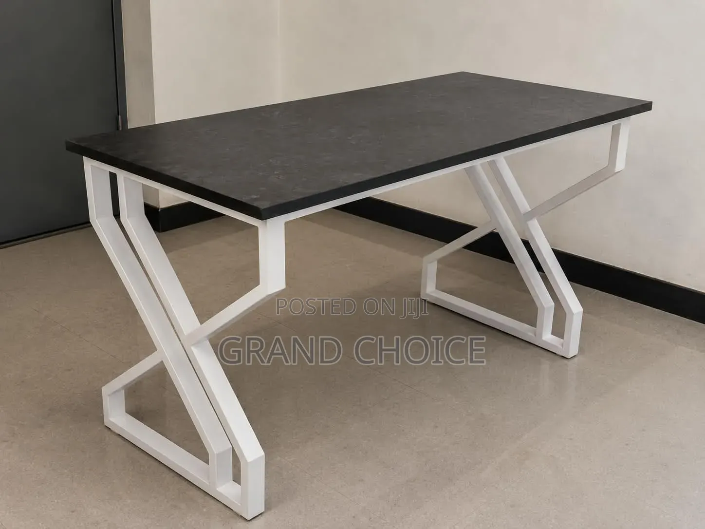 Modern Executive Office Desk With  Black Top and White Metal Frame