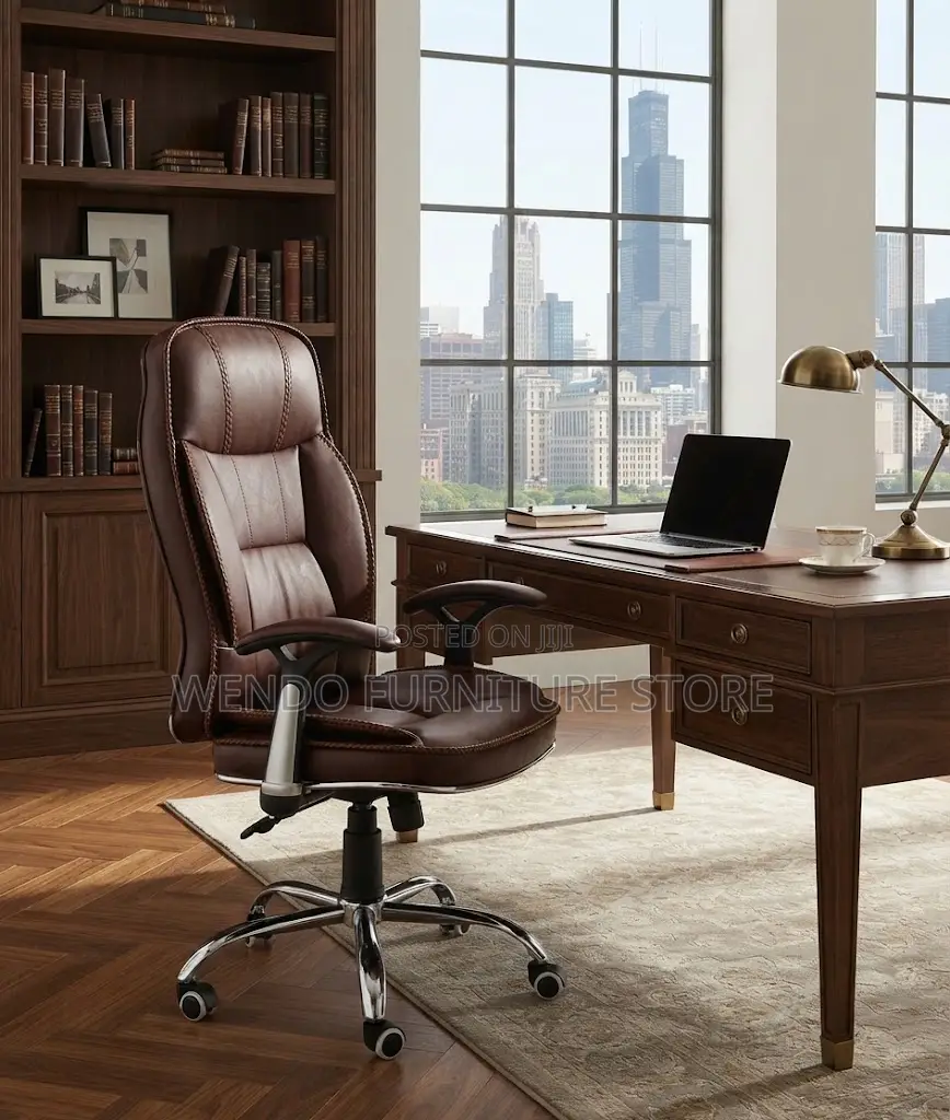 Office Chairs; Height Adjustable Brown Leather Office Seats