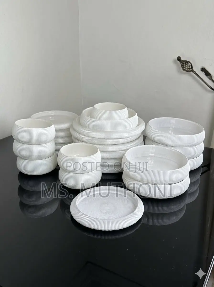 24 PCs  Modern White Ribbed Porcelain Dinnerware Set,