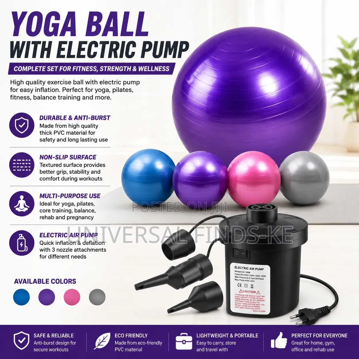 Yoga Ball With Electric Air Pump – Fitness Exercise Stability Ball