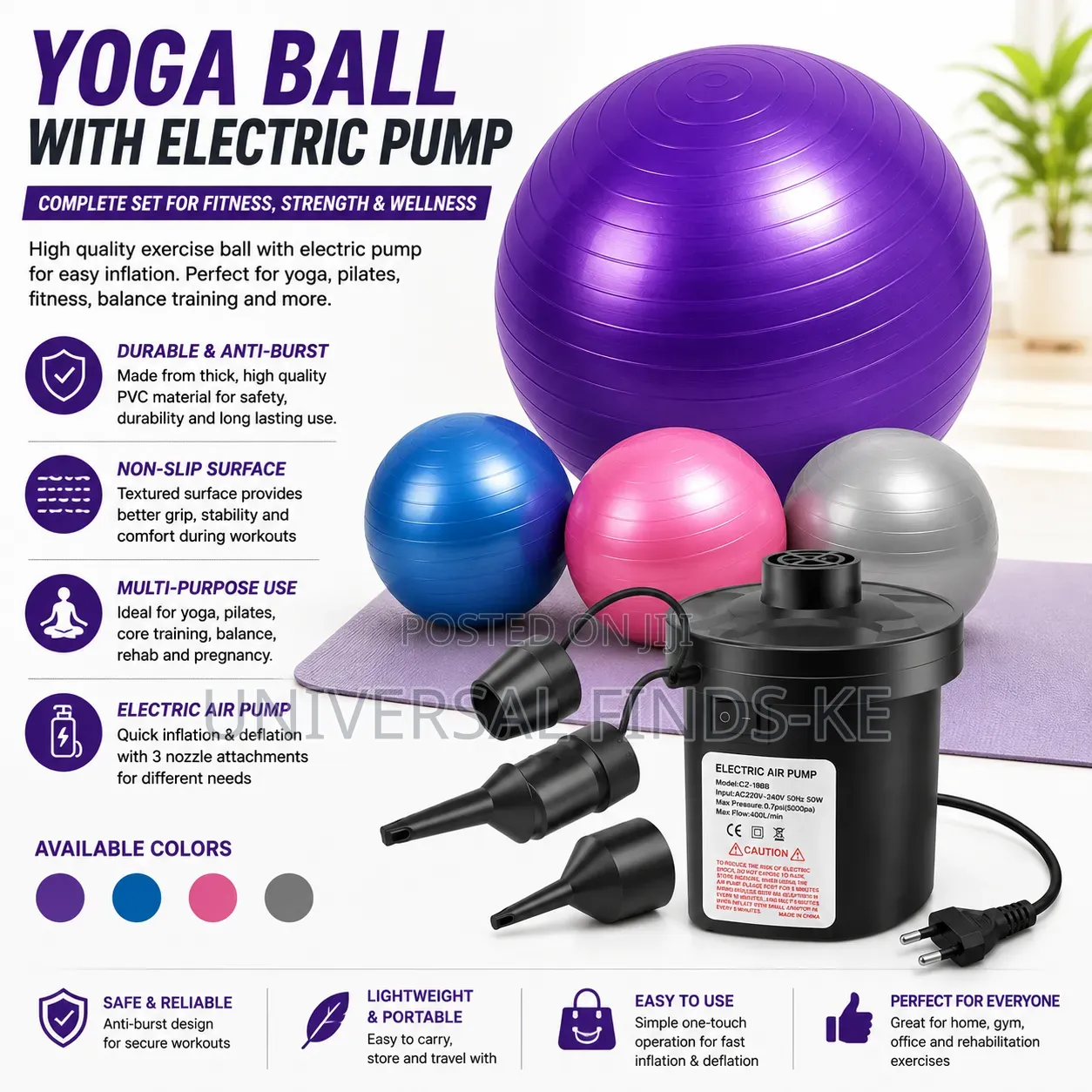 Yoga Ball With Electric Air Pump – Fitness Exercise Stability Ball
