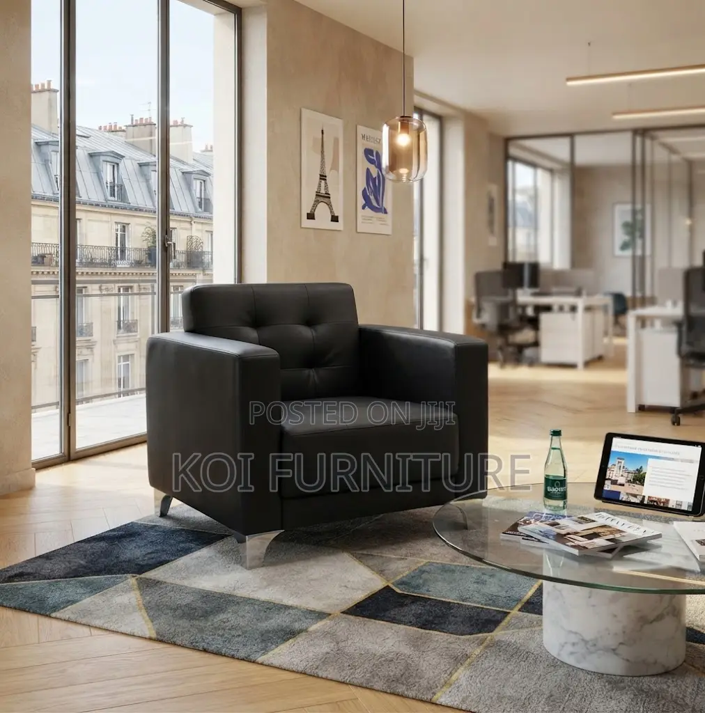Office Sofa; One Seater Black Cushioned Executive Leather Modern Sofa