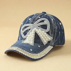 *Bow Pearl Diamond Denim Baseball Cap, Spring and Summer