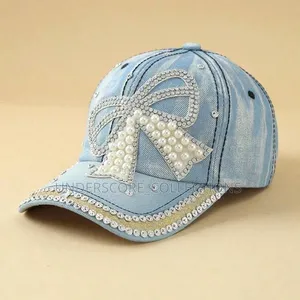 *Bow Pearl Diamond Denim Baseball Cap, Spring and Summer