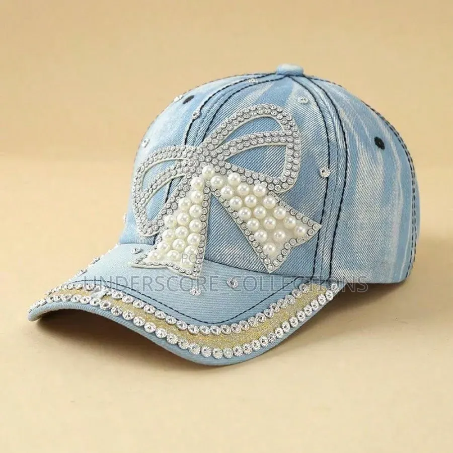 *Bow Pearl Diamond Denim Baseball Cap, Spring and Summer