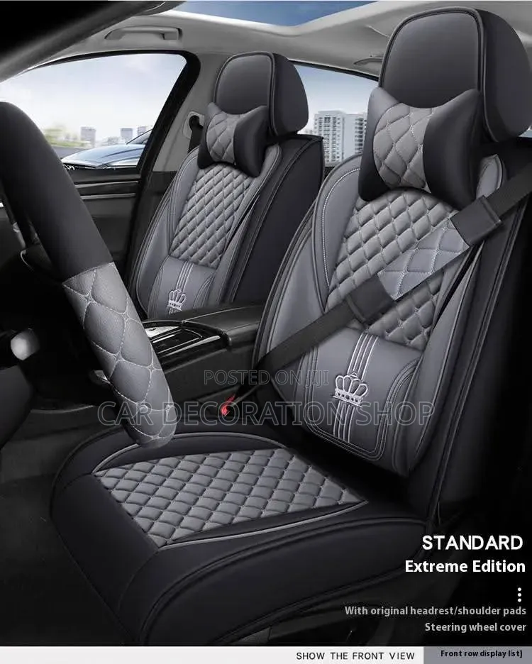 Grey_black Diamond Pattern Leather Seat Cover With Distinct Crown Logo