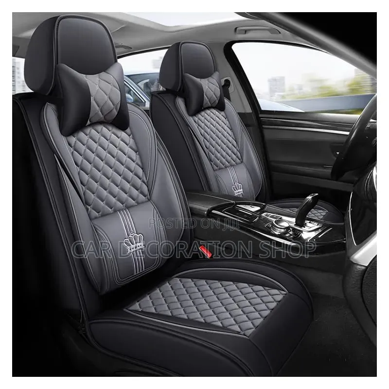 Grey_black Diamond Pattern Leather Seat Cover With Distinct Crown Logo