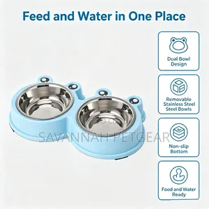 Double Pet Food Bowl for Cats and Dogs (Stainless Steel & Plastic)
