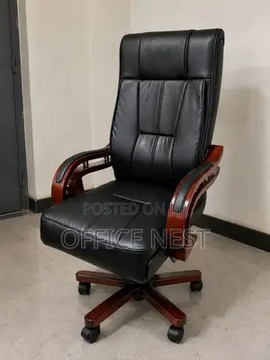 High-Back Leather Chair With Wooden Arms