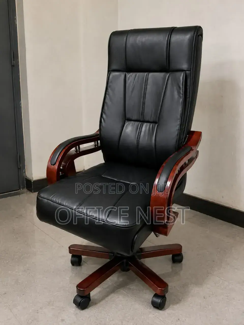 High-Back Leather Chair With Wooden Arms