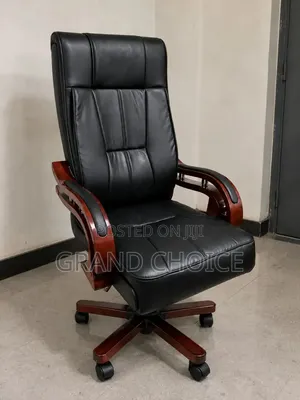 High-Back Leather Chair With Wooden Arms