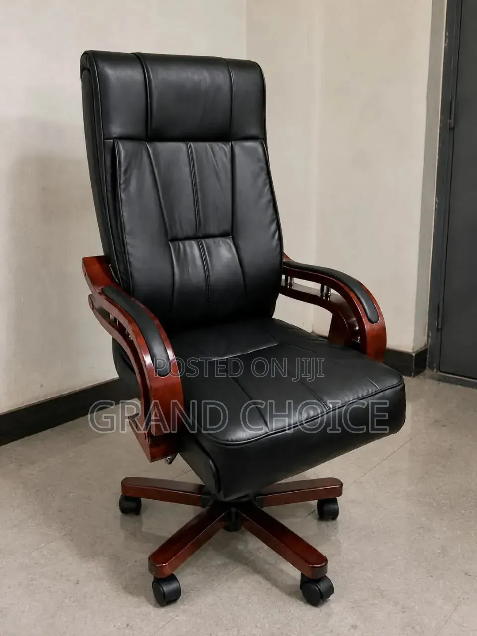 High-Back Leather Chair With Wooden Arms