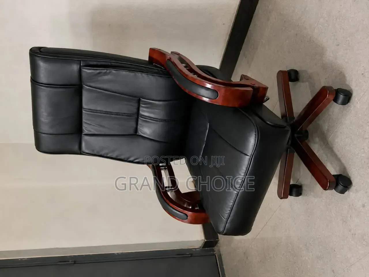 High-Back Leather Chair With Wooden Arms