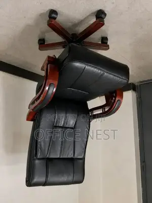 High-Back Leather Chair With Wooden Arms