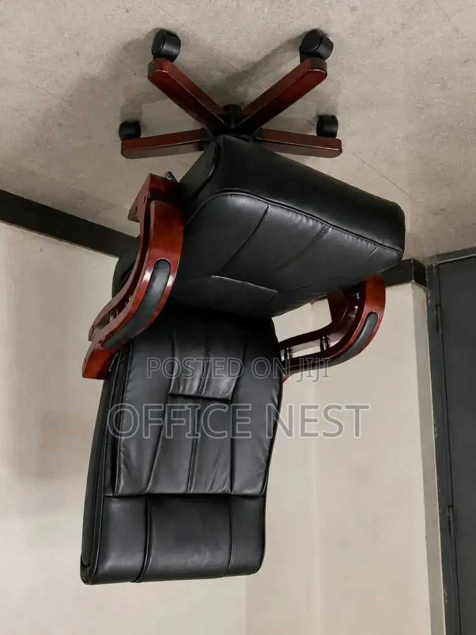 High-Back Leather Chair With Wooden Arms