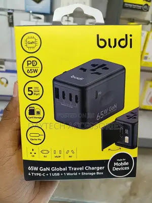 The Budi 65W GaN Global Travel Charger (Model AC355B65)