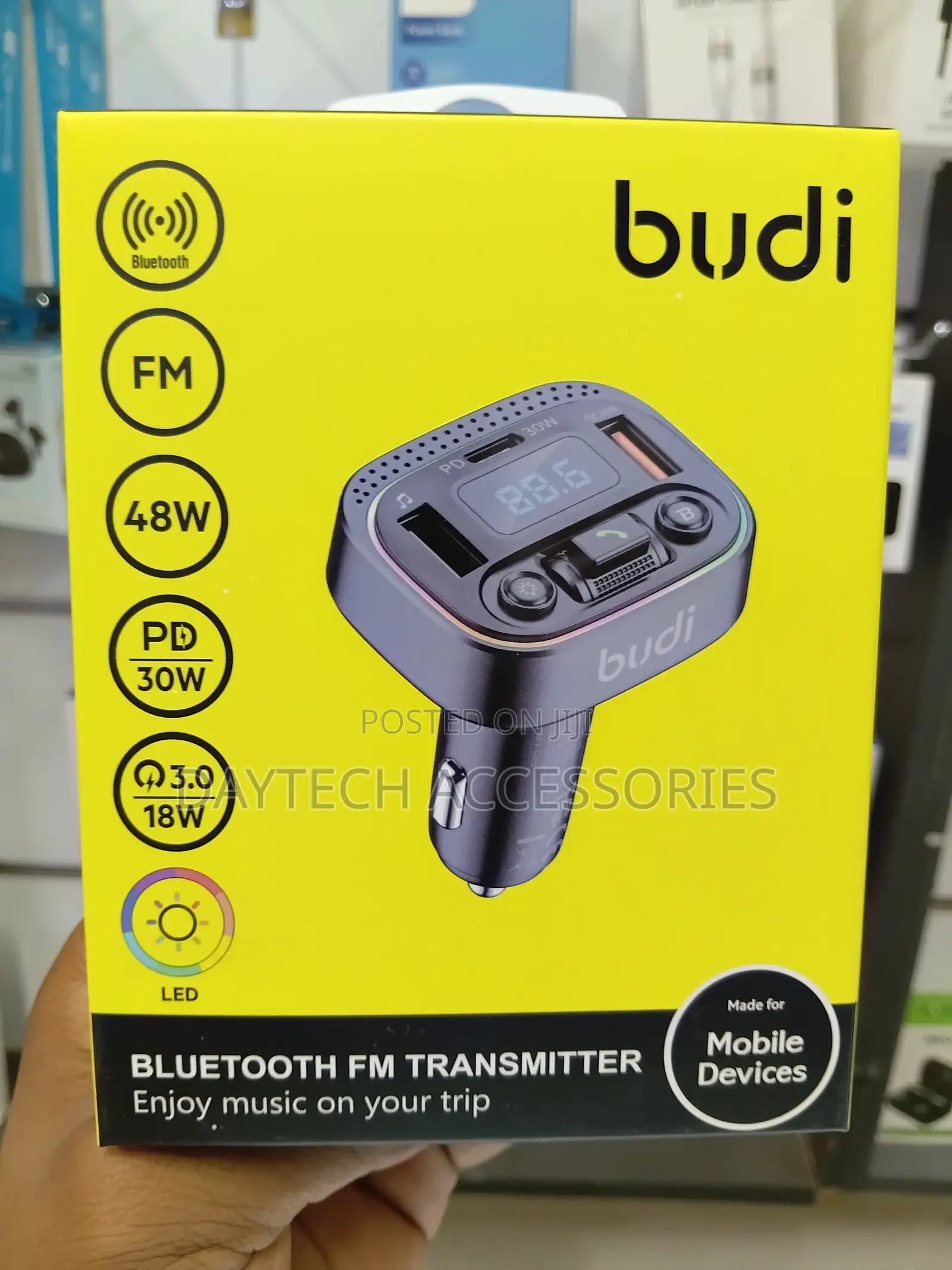 Budi 48W Bluetooth FM Car Transmitter 3-in-1 Device Car Socket