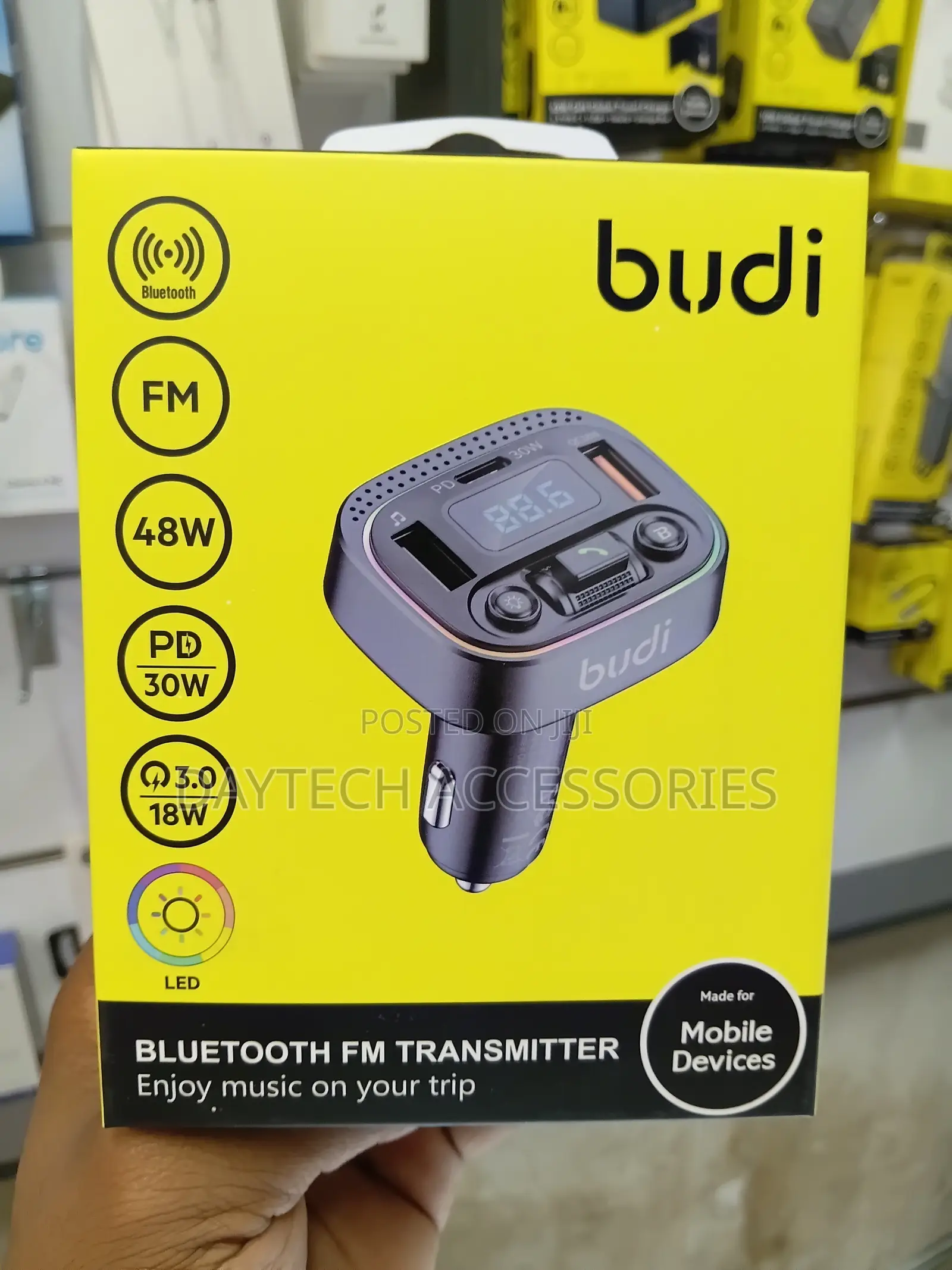 Budi 48W Bluetooth FM Car Transmitter 3-in-1 Device Car Socket