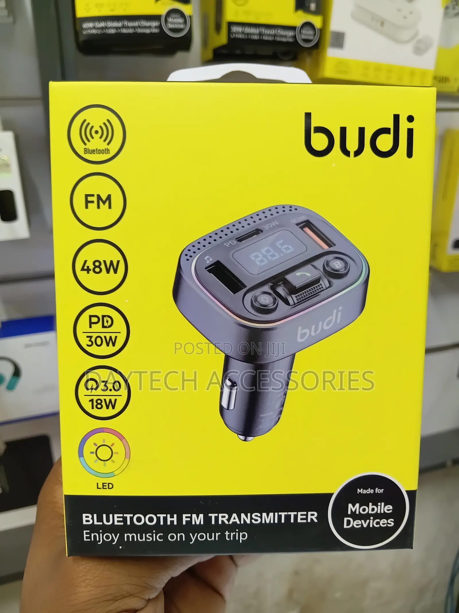 Budi 48W Bluetooth FM Car Transmitter 3-in-1 Device Car Socket