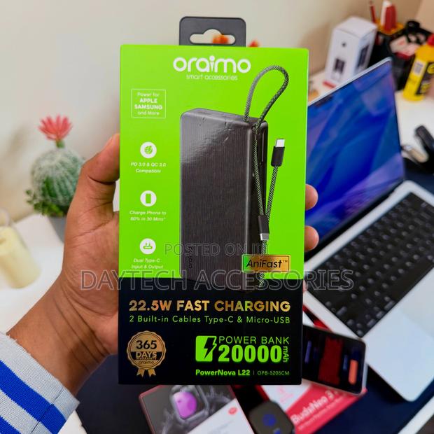 Oraimo PowerNova L22 20000mAh 22.5W Power Bank With Built in Cables.