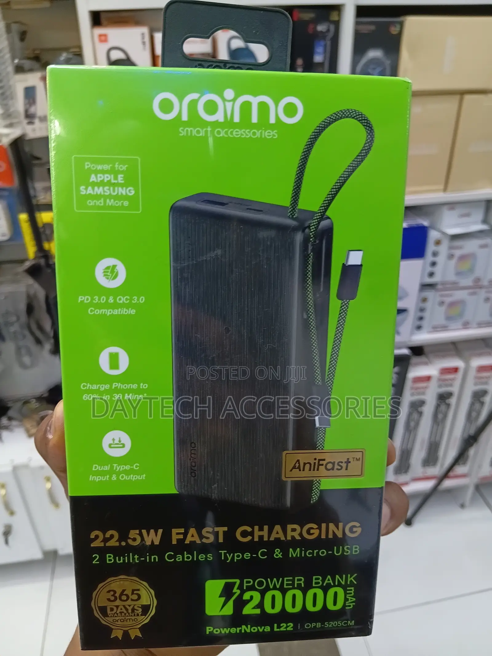 Oraimo PowerNova L22 20000mAh 22.5W Power Bank With Built in Cables.
