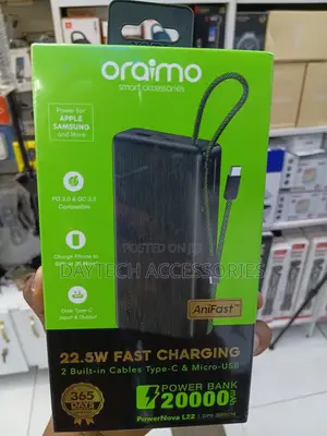 Oraimo PowerNova L22 20000mAh 22.5W Power Bank With Built in Cables.