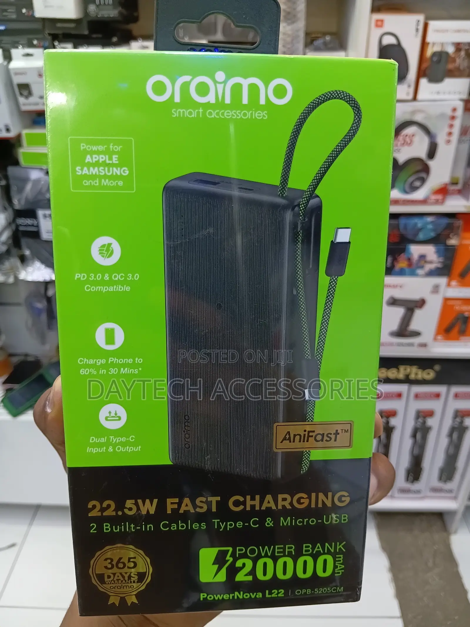 Oraimo PowerNova L22 20000mAh 22.5W Power Bank With Built in Cables.