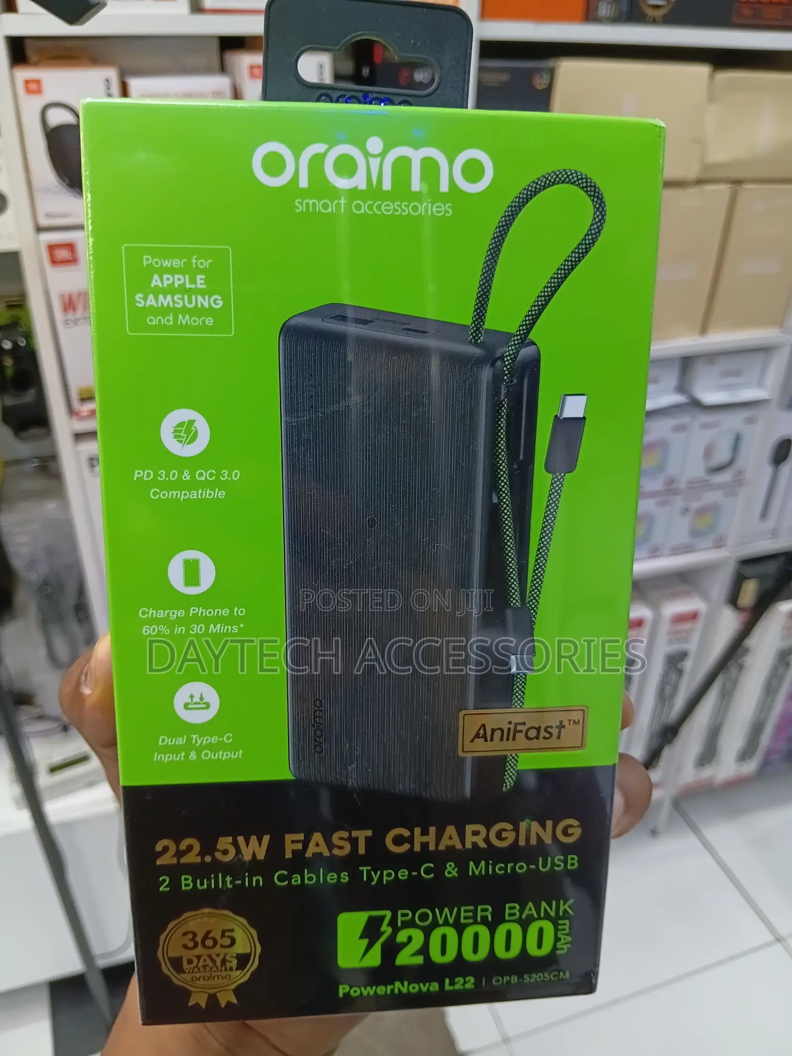 Oraimo PowerNova L22 20000mAh 22.5W Power Bank With Built in Cables.