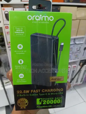 Oraimo PowerNova L22 20000mAh 22.5W Power Bank With Built in Cables.