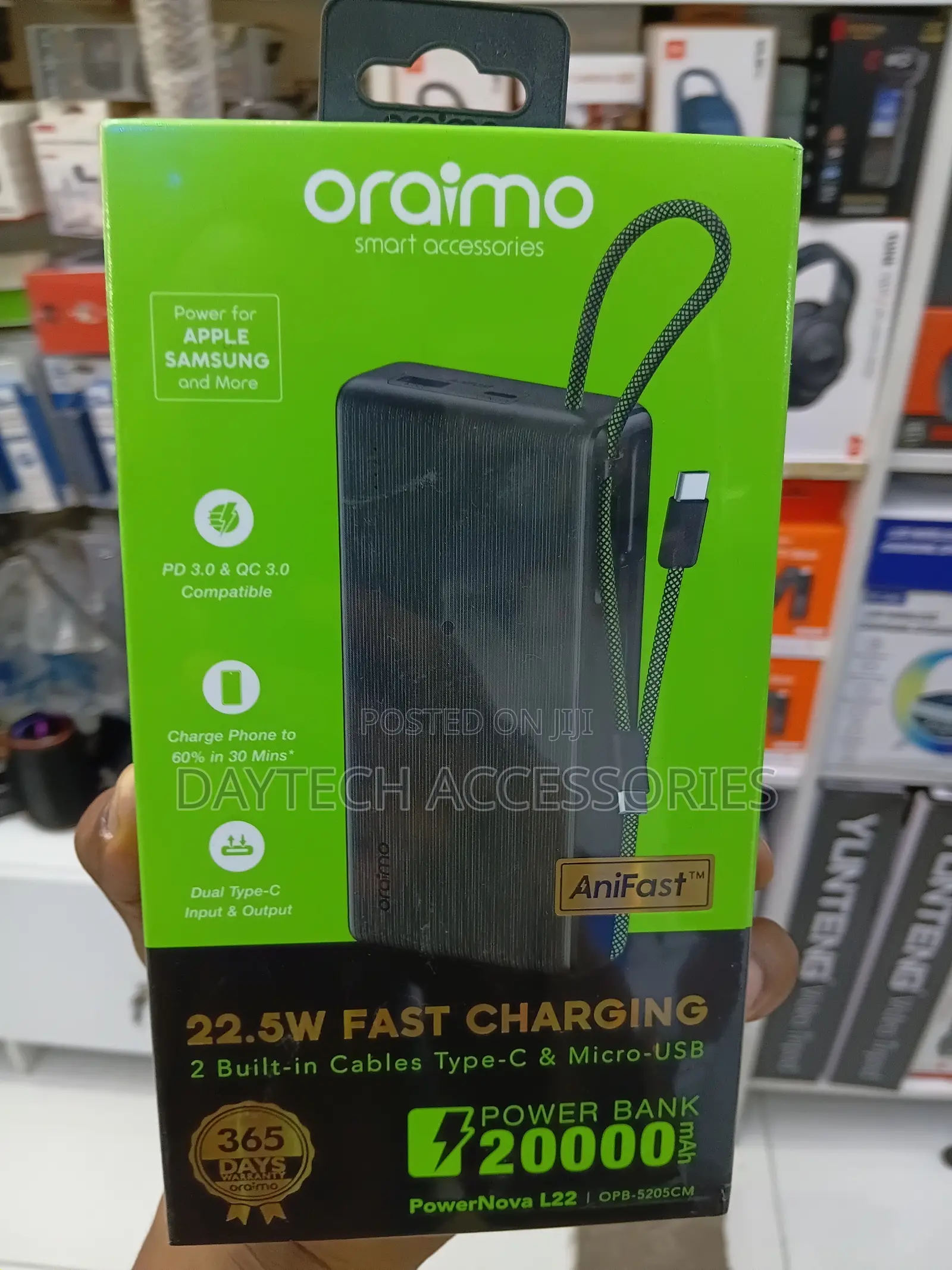 Oraimo PowerNova L22 20000mAh 22.5W Power Bank With Built in Cables.