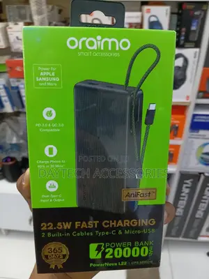 Oraimo PowerNova L22 20000mAh 22.5W Power Bank With Built in Cables.