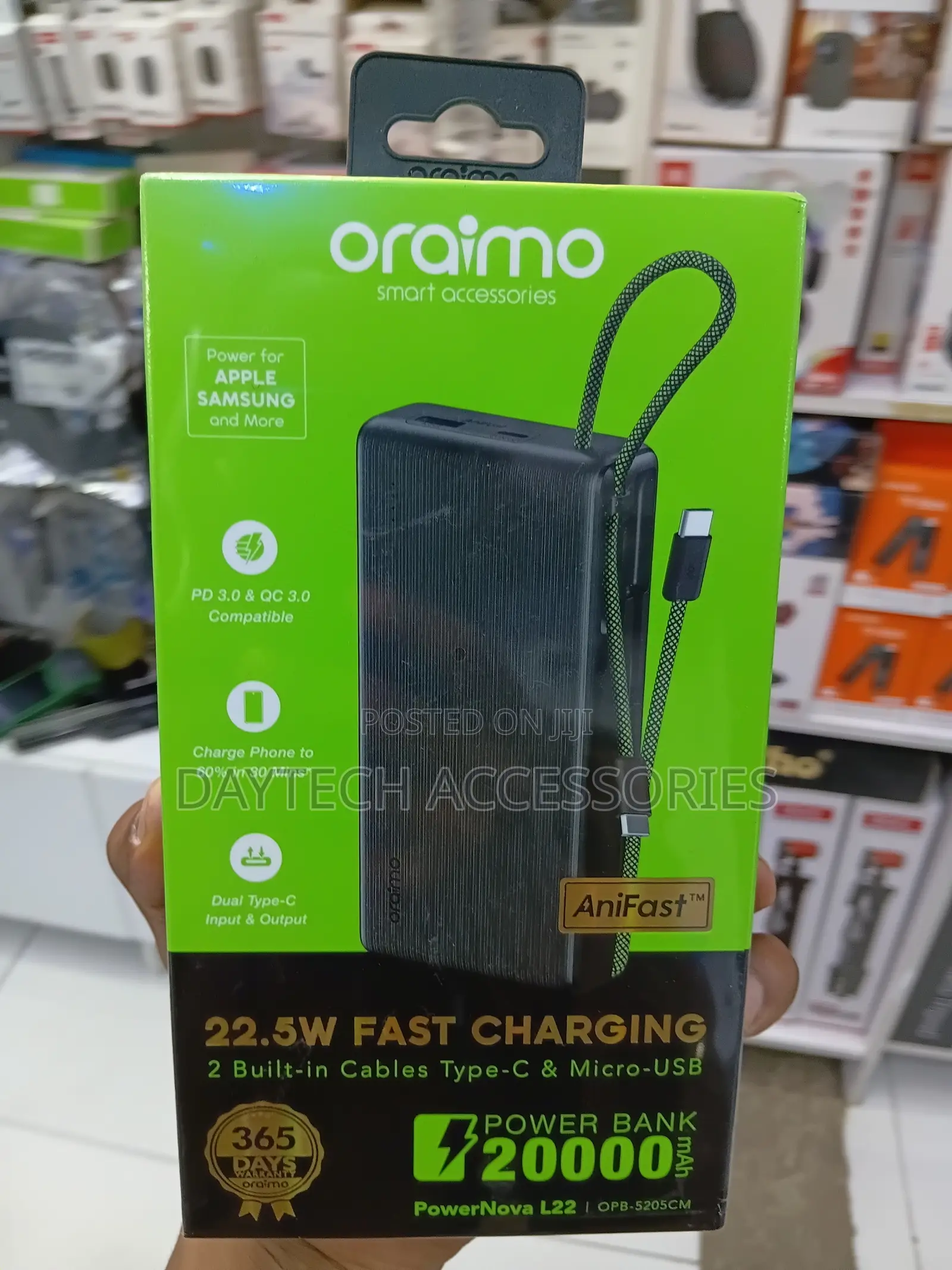 Oraimo PowerNova L2220,000mAh 22.5W Fast Charging and Built-in Cables.